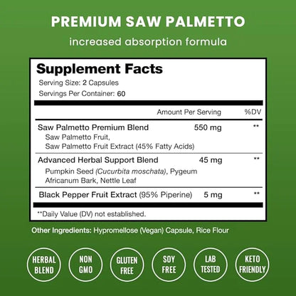 Saw Palmetto Supplement for Prostate Health 600mg Complex 120 Capsules