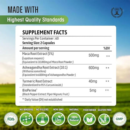 Maca Root 10,000 mg, Ashwagandha 6000mg 120 Capsules