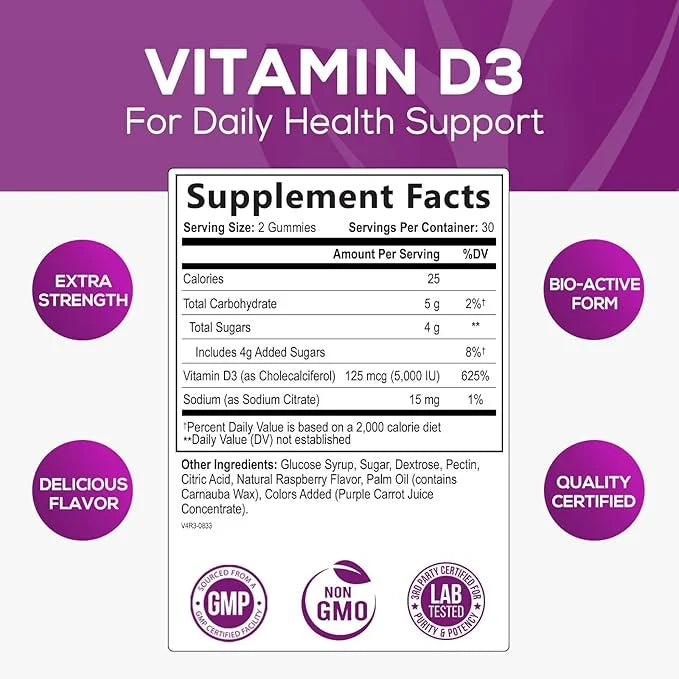 Vitamin D3 Gummies Extra Strength 5000 (125 mcg) 60 Gummies