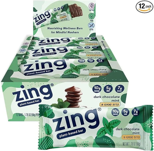 Zing Dark Chocolate Mint Vegan Protein Bars, Gluten Free with High Protein, High Fiber, Dairy Free Nutrition Bars, Plant B...