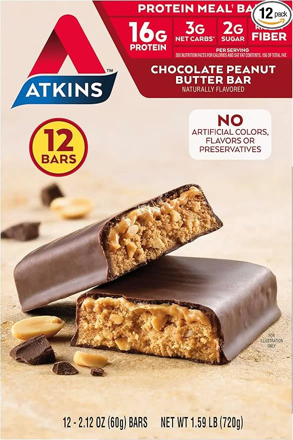 Atkins Chocolate Peanut Butter Protein Meal Bar, High Fiber, 16g Protein, 2g Sugar, 3g Net Carb, Meal Replacement, Low Car...
