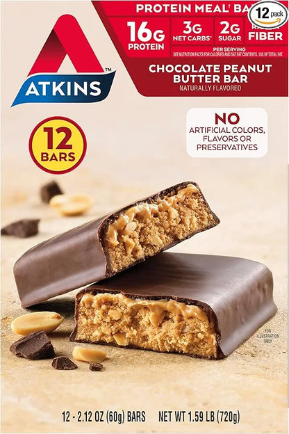 Atkins Chocolate Peanut Butter Protein Meal Bar, High Fiber, 16g Protein, 2g Sugar, 3g Net Carb, Meal Replacement, Low Car...