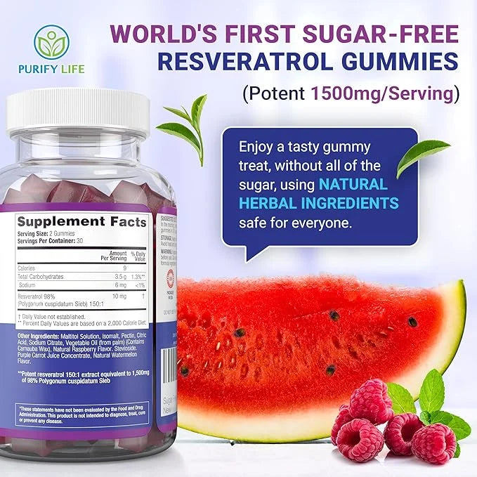 Purify Life Sugar-Free Resveratrol Gummies 1500mg Resveratrol