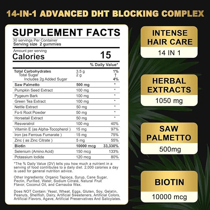 DHT Blocker Gummies Hair Growth Supplement, Super Potency Saw Palmetto & Biotin 10000 mcg for Women & Men, Plus 12 Proprie...