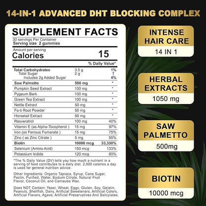 DHT Blocker Gummies Hair Growth Supplement, Super Potency Saw Palmetto & Biotin 10000 mcg for Women & Men, Plus 12 Proprie...