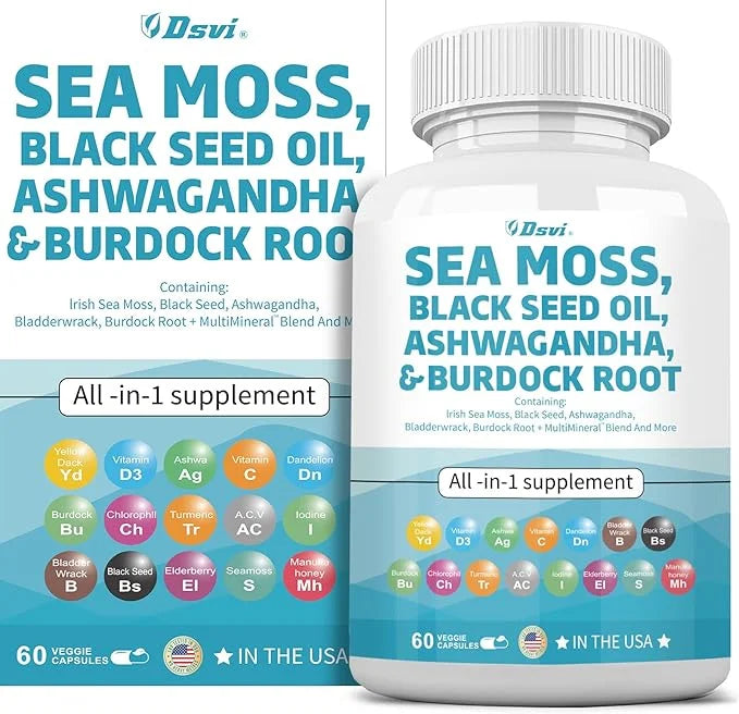 Sea Moss 3000mg Black Seed Oil 2000mg Ashwagandha 1000mg Bladderwrack 1000mg Turmeric 1000mg Burdock 1000mg Vitamin D3 Eld...