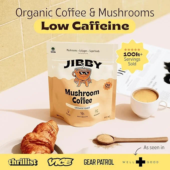 JIBBY Mushroom Coffee - Organic Instant Coffee Powder with Collagen, MCT Oil, Superfood Mushrooms - Detox Mushroom Coffee ...