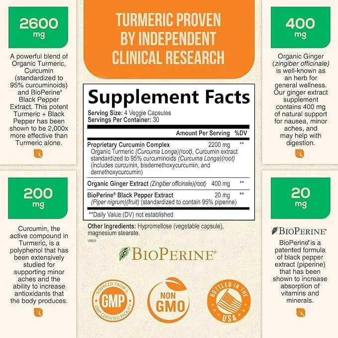 Turmeric Curcumin with BioPerine & Ginger 95% Curcuminoids 2600mg - 120 Capsules