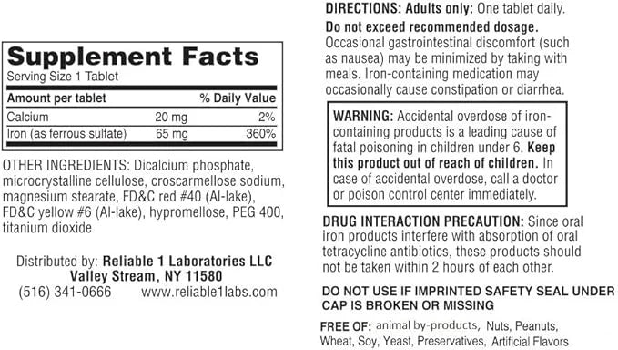Iron Supplement Ferrous Sulfate 325mg by Reliable 1 | Iron Pills for Women and Men | Iron Supplements for Anemia and Iron ...