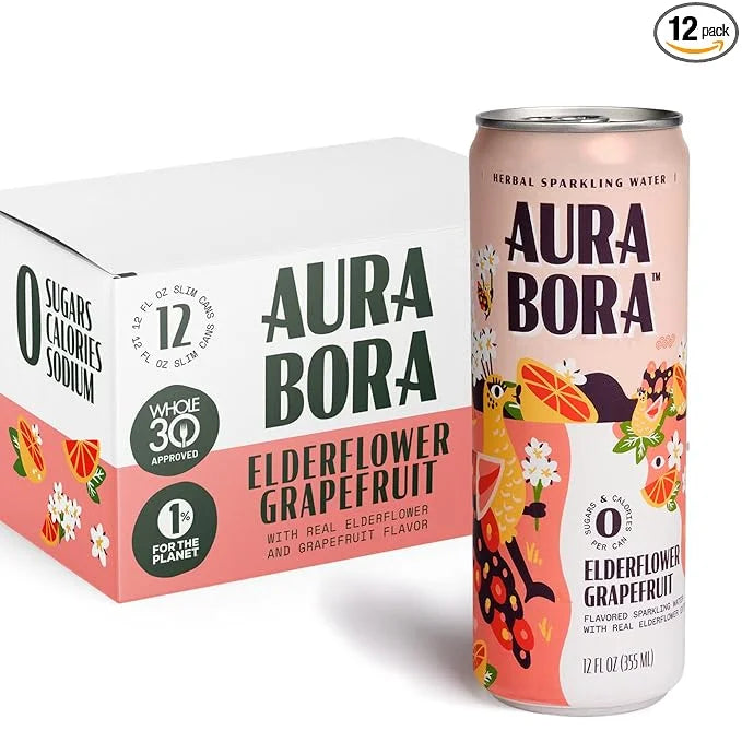 Aura Bora, Grapefruit Elderflower Herbal Sparkling Water, 12 oz Can (Pack of 12), 0 Calories, 0 Sugar, 0 Sodium, Non-GMO -...