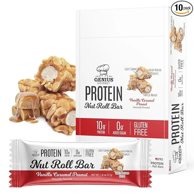 Genius Gourmet Protein Nut Roll Bars Vanilla Caramel Peanut - 10g Protein, Zero Added Sugar, Gluten Free, Non-GMO - Sweet ...
