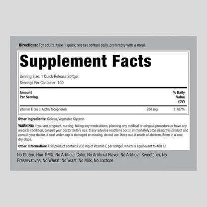 Piping Rock Vitamin E 400 IU Softgels 268mg | 100 Softgel