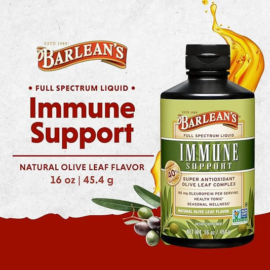 Barlean's Olive Leaf Complex Liquid Immune Support Supplement with 95mg Oleuropein Antioxidants for Seasonal Wellness, Hea...