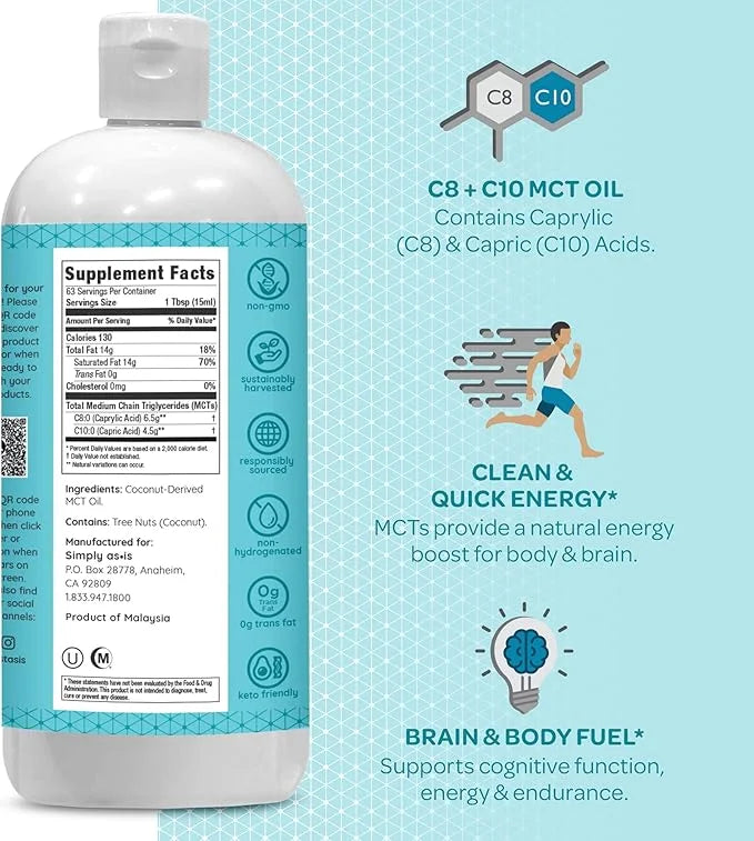 AS-IS Simply Premium MCT Oil C8 & C10 | Unflavored | 100% from Non-GMO Coconuts | Perfect for Morning Coffee | Quick Clean...