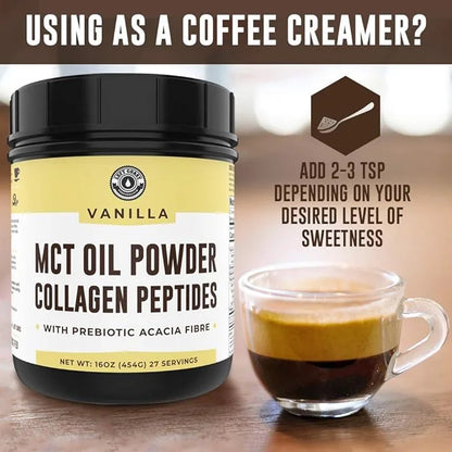 Keto MCT Oil Powder + Collagen + Prebiotic Acacia Fiber, Vanilla Flavor, 16oz. MCT Oil Powder from Coconuts. Grass Fed Col...