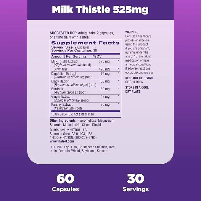 Natrol Milk Thistle 525 mg per 60 Capsules, 30 Day