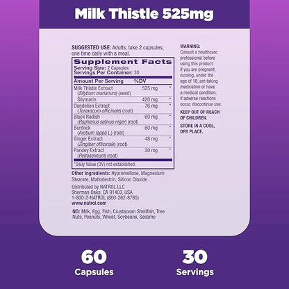 Natrol Milk Thistle 525 mg per 60 Capsules, 30 Day