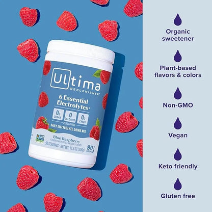 Ultima Replenisher Daily Electrolyte Powder Drink Mix – Blue Raspberry, 90 Servings – Hydration Powder with 6 Electrolytes...
