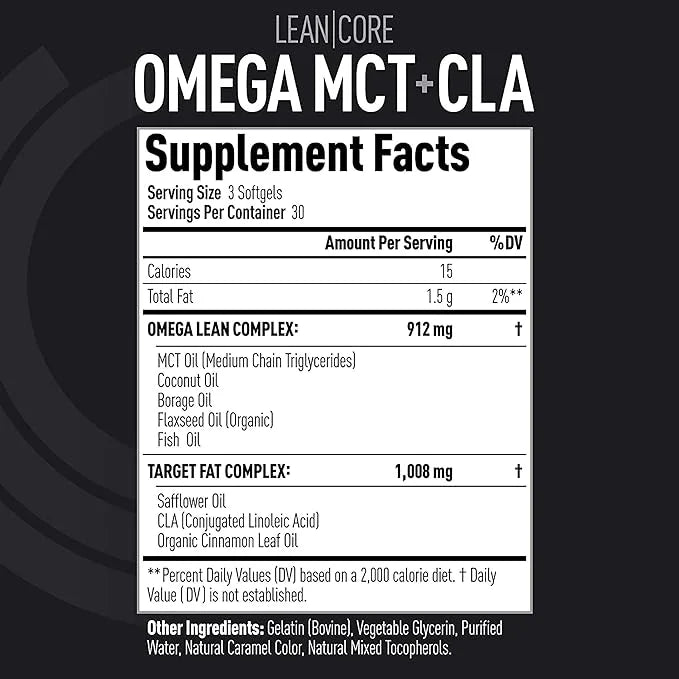 Lean CORE Omega MCT + CLA - Stimulant Free Health Formula, Lean Muscle & Toned Physique, Omega 3-6-9 Fatty Acids - Flaxsee...
