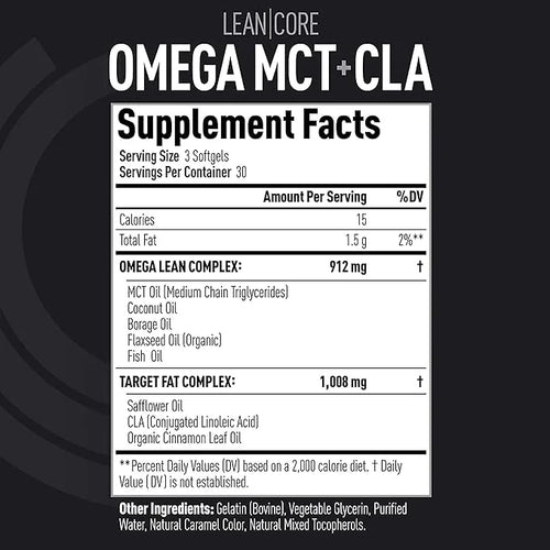 Lean CORE Omega MCT + CLA - Stimulant Free Health Formula, Lean Muscle & Toned Physique, Omega 3-6-9 Fatty Acids - Flaxsee...
