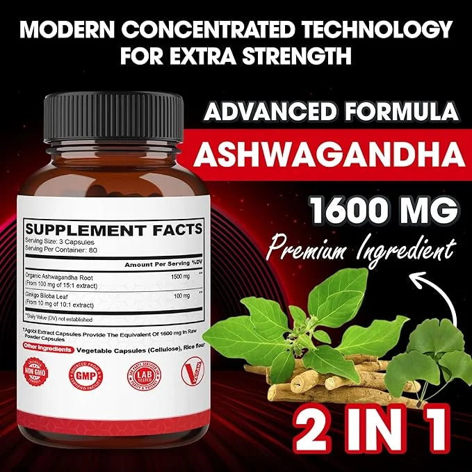 agobi 1600mg Ashwagandha with Ginkgo Biloba Supplement 240 Veggie