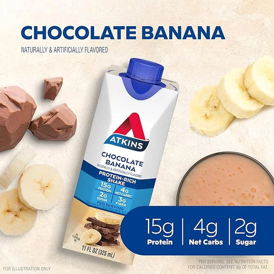Atkins Chocolate Banana Protein Shake, 15g Protein, Low Glycemic, 4g Net Carb, 2g Sugar, Keto Friendly, 12 Count - Product...