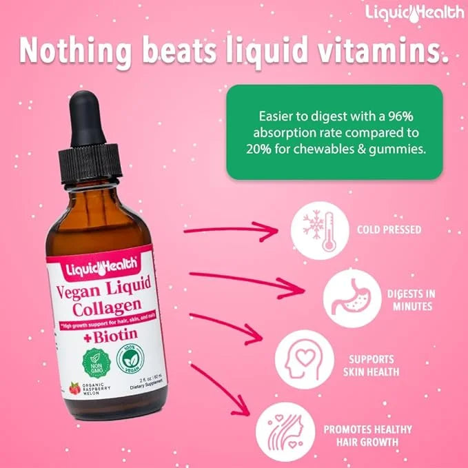 LIQUIDHEALTH 100% Vegan Collagen Plus Biotin 100,000mcg Liquid Drops - Plant-Based Liquid Collagen for Women, Men - Hair &...