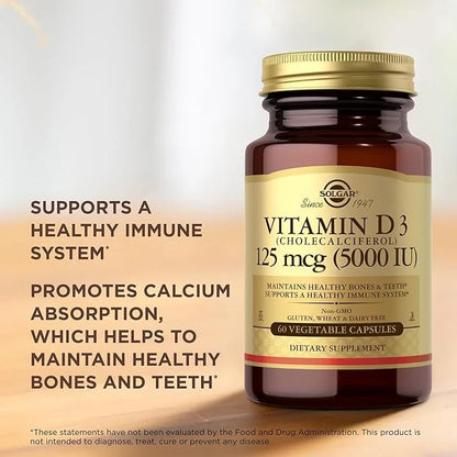 SOLGAR Vitamin D3 (Cholecalciferol) 125 mcg (5000 IU) 60 Vegetable 60 Servings
