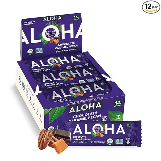 ALOHA Organic Plant Based Protein Bars | Chocolate Caramel Pecan | 12 Count, 1.98oz Bars | Vegan, Low Sugar, Gluten Free, ...