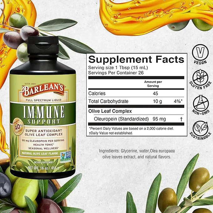 Barlean's Olive Leaf Complex Liquid Immune Support Supplement with 95mg Oleuropein Antioxidants for Seasonal Wellness, Hea...