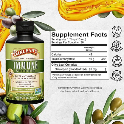 Barlean's Olive Leaf Complex Liquid Immune Support Supplement with 95mg Oleuropein Antioxidants for Seasonal Wellness, Hea...