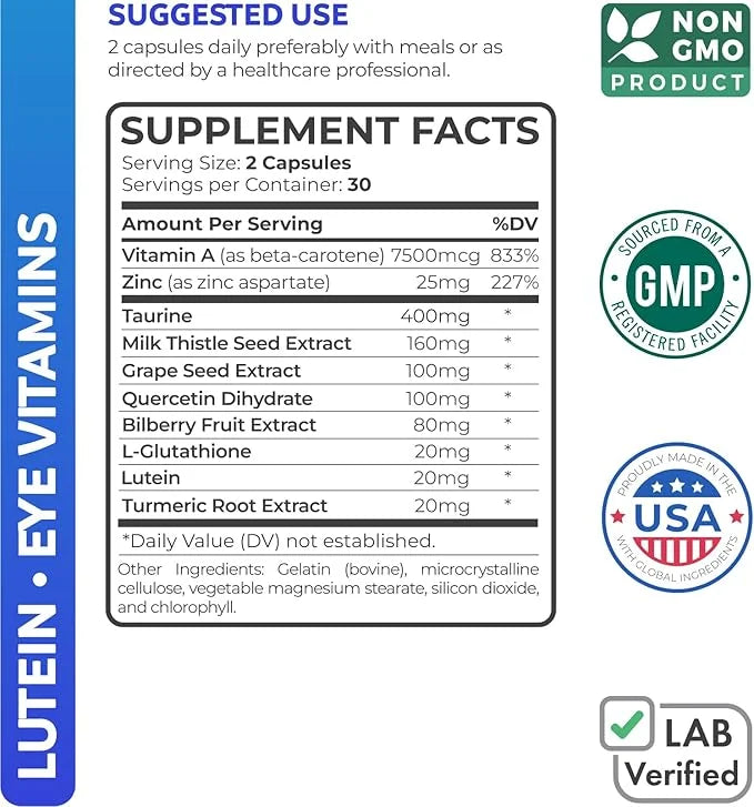 Lutein Eye Vitamins (Non-GMO) Vision Support 60 Capsules