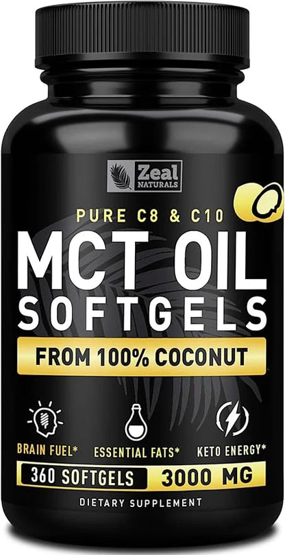 Pure MCT Oil Capsules (360 Softgels | 3000mg) 4 Month Supply Keto Pills w Unrefined Coconut - C10 & C8 Brain Fuel, Energy,...