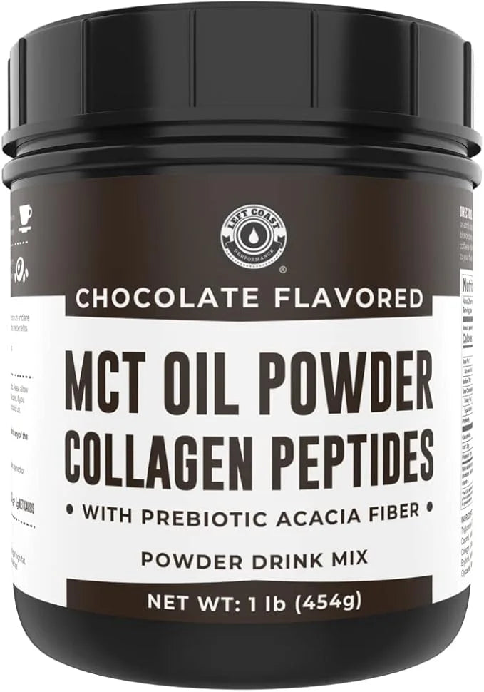 Keto MCT Oil Powder + Collagen + Prebiotic Acacia Fiber, Chocolate Flavor, 16oz. MCT Oil Powder from Coconuts. Grass Fed C...