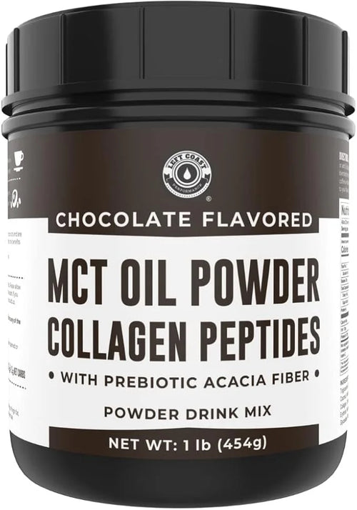Keto MCT Oil Powder + Collagen + Prebiotic Acacia Fiber, Chocolate Flavor, 16oz. MCT Oil Powder from Coconuts. Grass Fed C...
