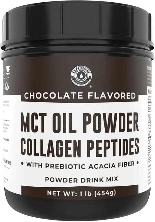 Keto MCT Oil Powder + Collagen + Prebiotic Acacia Fiber, Chocolate Flavor, 16oz. MCT Oil Powder from Coconuts. Grass Fed C...