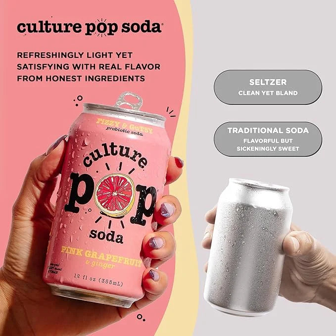 Culture Pop Soda, Pink Grapefruit & Ginger, Probiotic Low Sugar Soda, Sparkling Juice Alternative, Non-GMO, Kosher, Gluten...