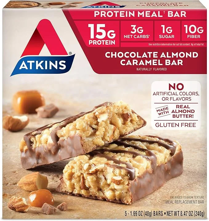 Atkins Chocolate Chip Granola Protein Meal Bar, High Fiber, 17g Protein, 12 Count and Chocolate Almond Caramel Bar, Keto-F...