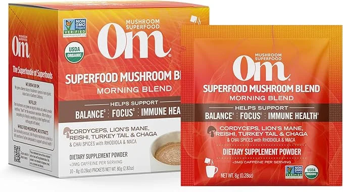 Om Mushroom Superfood Morning Energy Blend 10 Count, D2, Agaricus