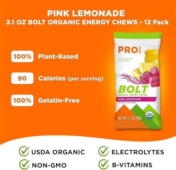 PROBAR - BOLT Organic Energy Chews, Pink Lemonade, Non-GMO, Gluten-Free, USDA Certified Organic, Healthy, Natural Energy, ...