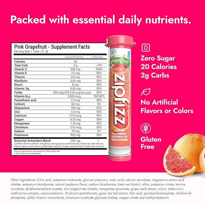 Zipfizz Daily Energy Drink Powder, Pink Grapefruit, 20 Pack | 3-in-1 Sustained Energy, Rapid Hydration, and Essential Vita...