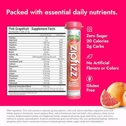 Zipfizz Daily Energy Drink Powder, Pink Grapefruit, 20 Pack | 3-in-1 Sustained Energy, Rapid Hydration, and Essential Vita...