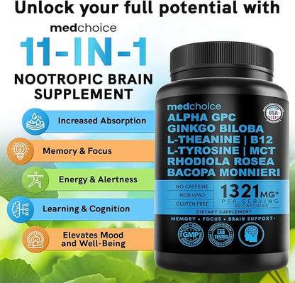 12-in-1 Nootropic Brain Supplement Anhydrous: Ginkgo Biloba for Brain Support, Memory and Focus - B12, Alpha GPC, L Theani...