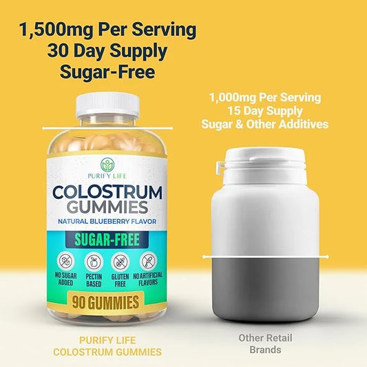 Sugar-Free Colostrum Gummies (1500mg) Bovine Colostrum for Humans, Grass-Fed Supplement for Gut Health, Leaky Gut Repair, ...