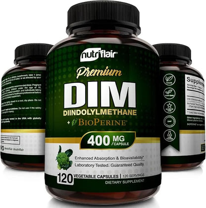 NutriFlair DIM Supplement 400mg with Bioperine, 120 Capsules - Diindolylmethane - Estrogen Metabolism Support & Hormone Ba...