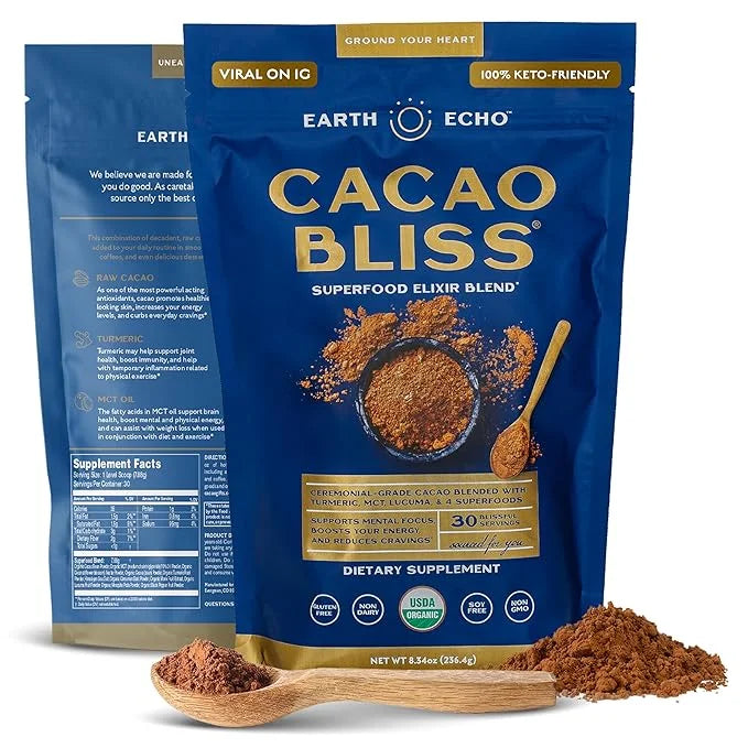 Earth Echo Cacao Bliss Organic Superfood Powder with MCT Oil and Turmeric for Natural Energy, Reduced Cravings, and Booste...