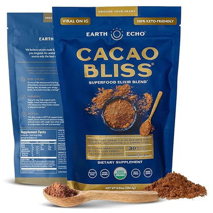 Earth Echo Cacao Bliss Organic Superfood Powder with MCT Oil and Turmeric for Natural Energy, Reduced Cravings, and Booste...