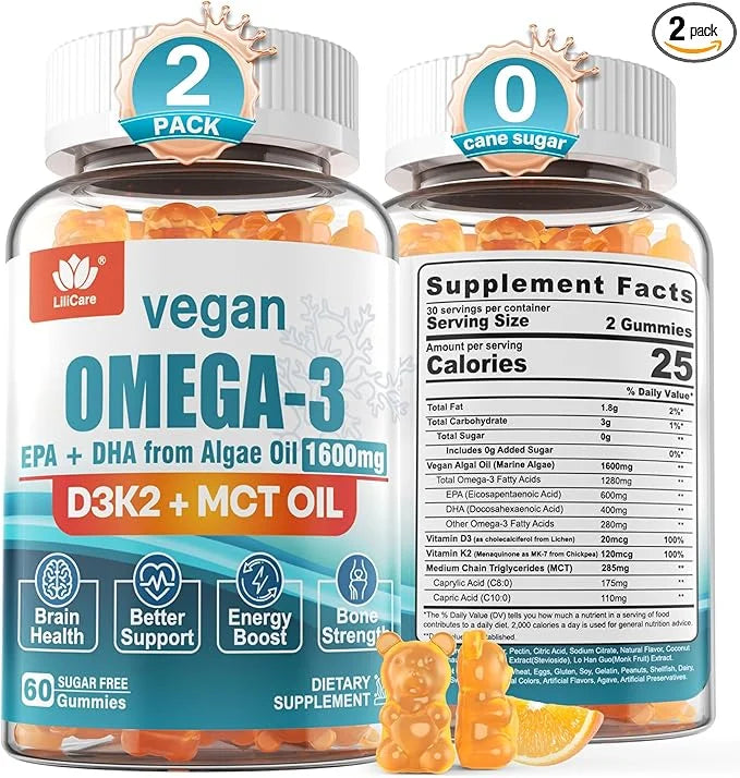 Vegan Omega3 Gummies 1280mg + Vitamin D3 K2, Sugar Free Omega 3 Fish Oil Alternative w/EPA 600mg & DHA 400mg & MCT Oil, No...