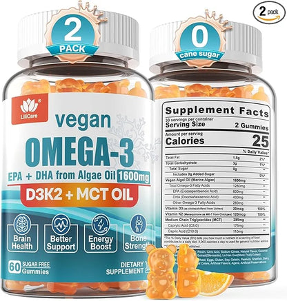 Vegan Omega3 Gummies 1280mg + Vitamin D3 K2, Sugar Free Omega 3 Fish Oil Alternative w/EPA 600mg & DHA 400mg & MCT Oil, No...