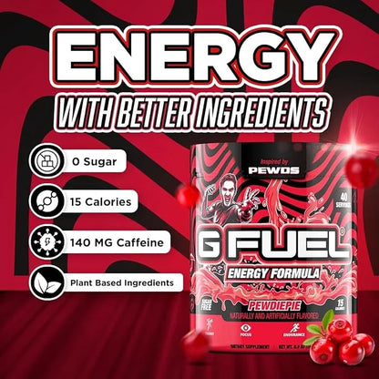 G Fuel PewDiePie Energy Drink Powder, Pre Workout Caffeine Mix for Gaming, Sugar Free Focus Amino, Vitamin + Antioxidants,...